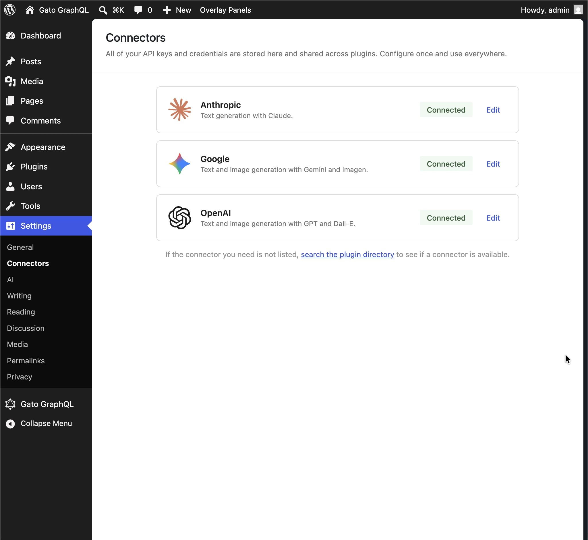 API anahtarı WordPress AI Connectors'dan alınır