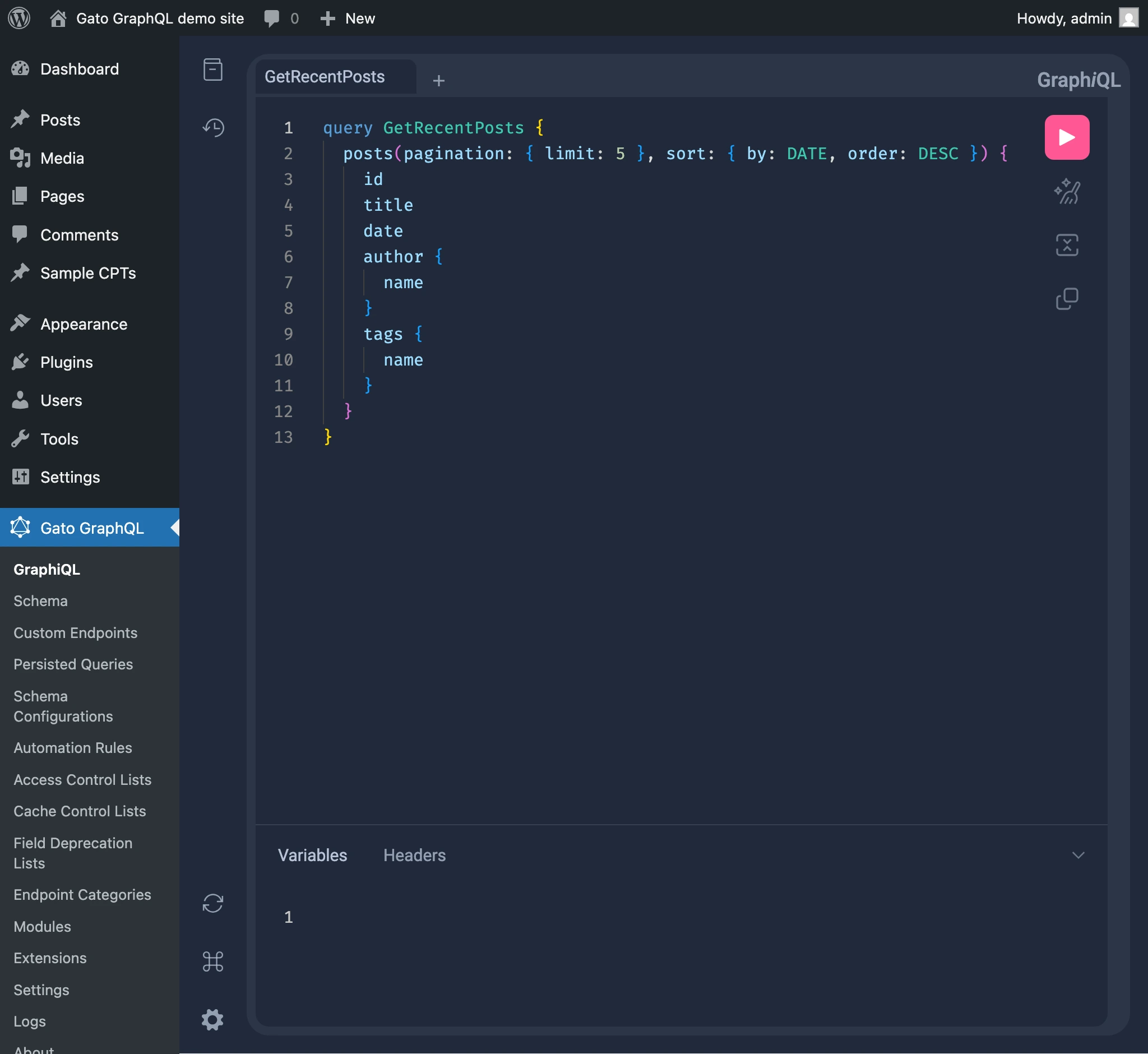 wp-admin içindeki GraphiQL istemcisi