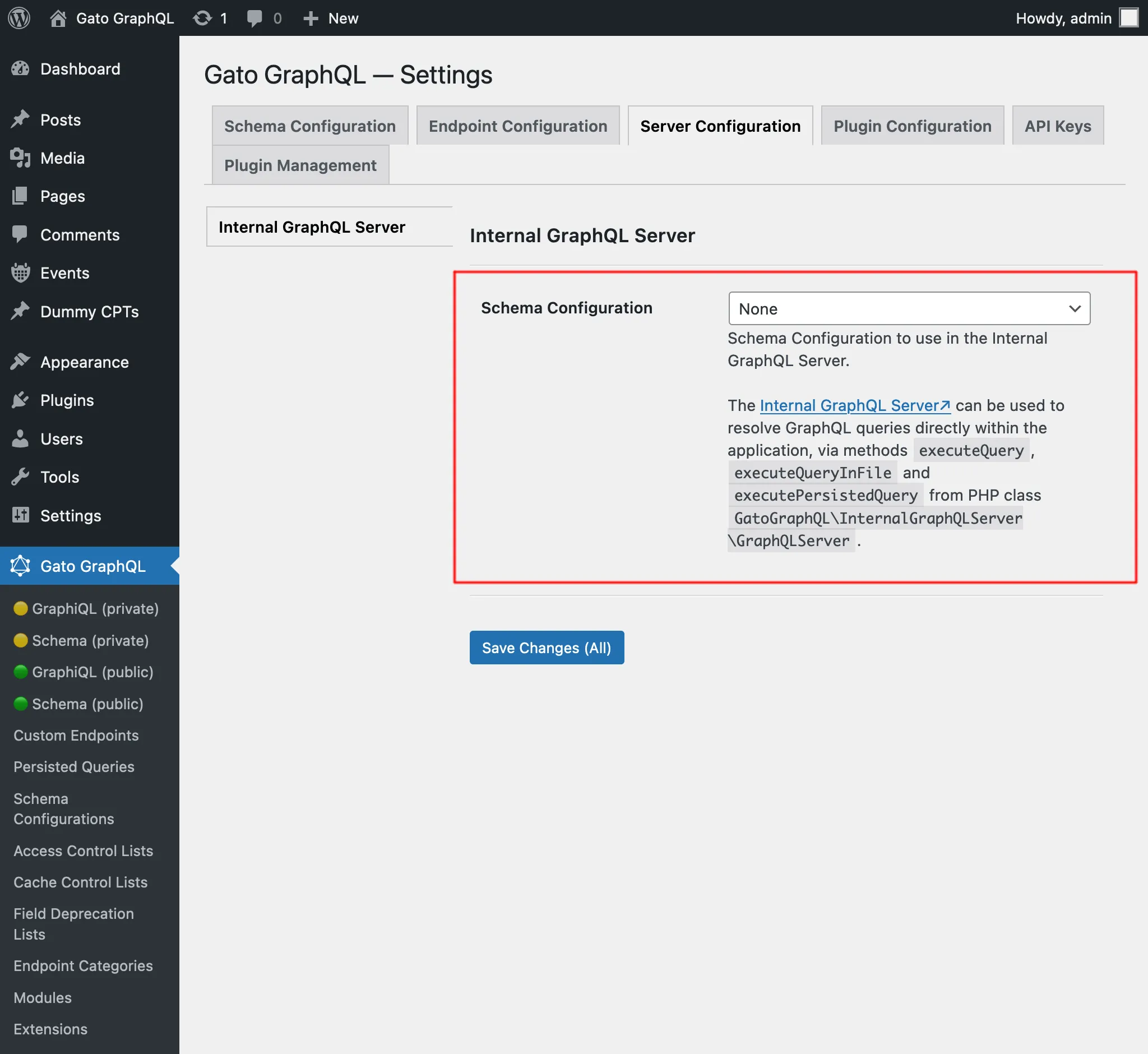 Ayarlarda Dahili GraphQL Sunucusu için şema yapılandırması