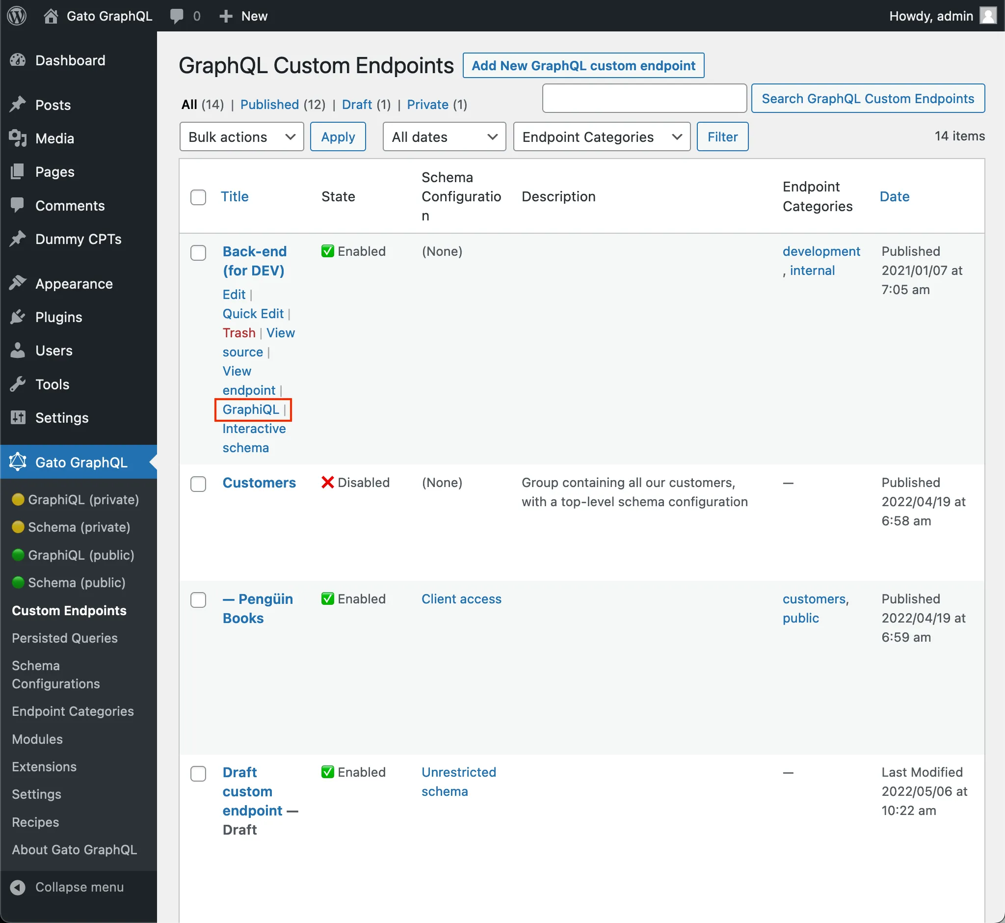 Listedeki özel endpoint'in GraphiQL istemcisine bağlantı
