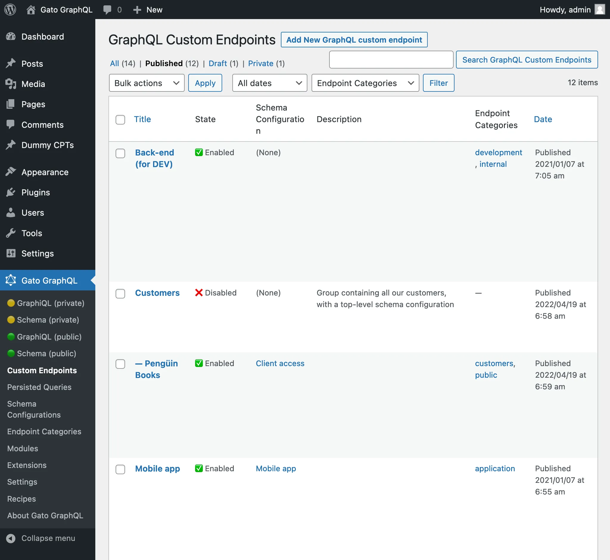 Custom Endpoints sayfası