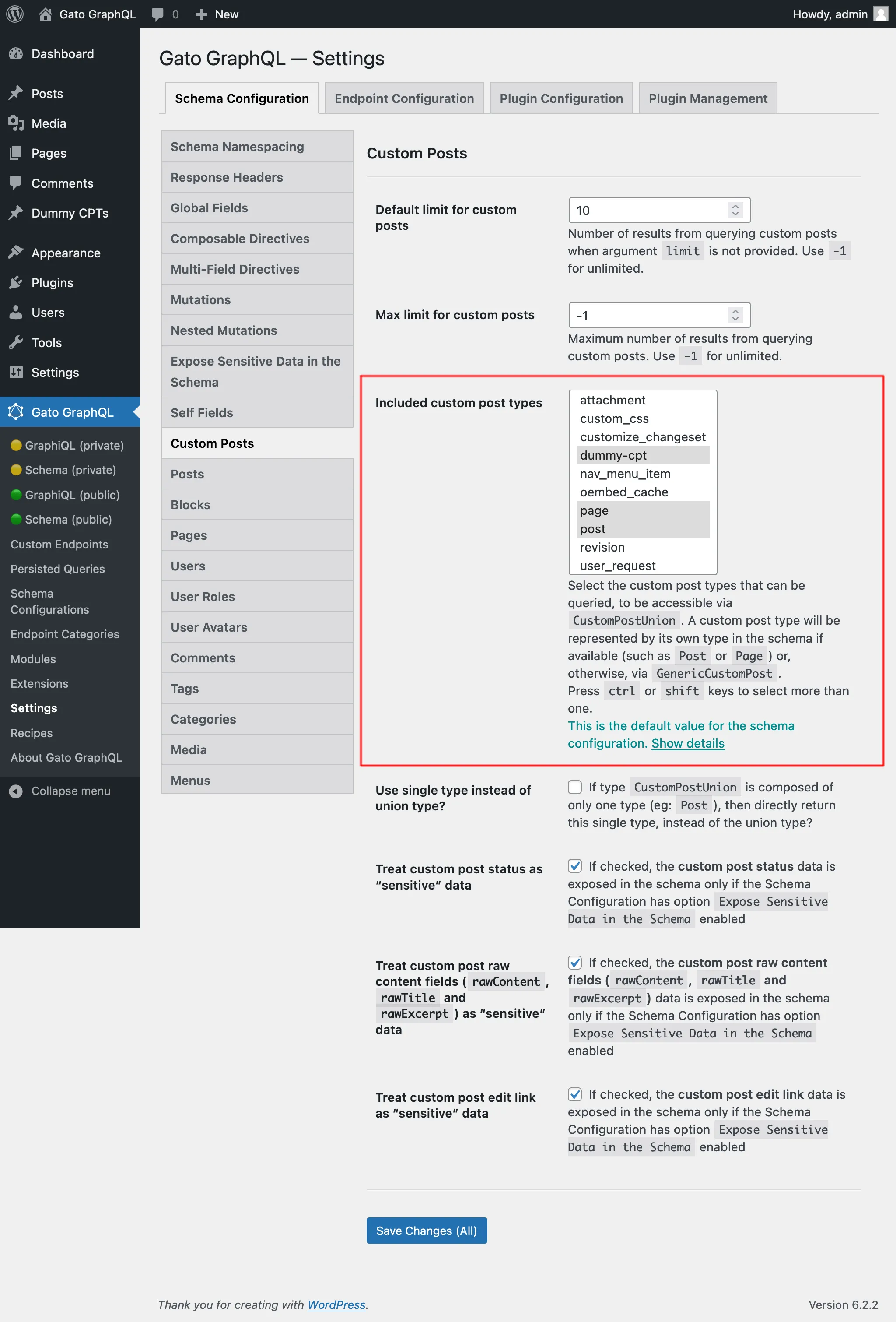 Ayarlarda izin verilen Custom Post Types'ların seçimi