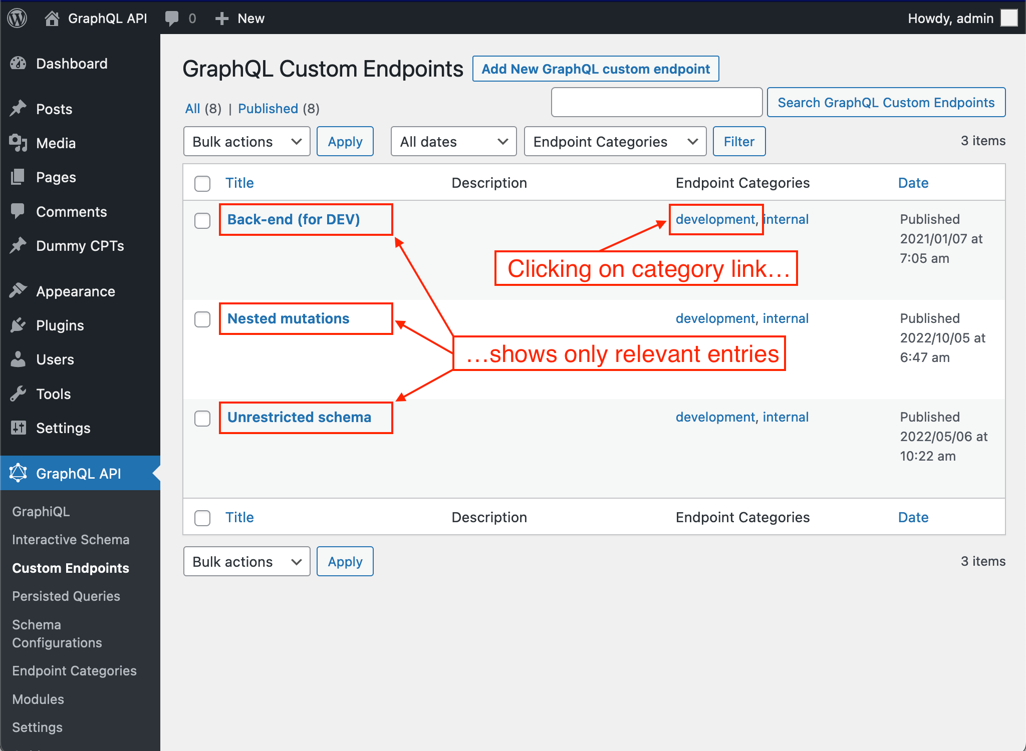 Custom Endpoint'lerin kategoriye göre filtrelenmesi Custom Endpoint'lerin kategoriye göre filtrelenmesi