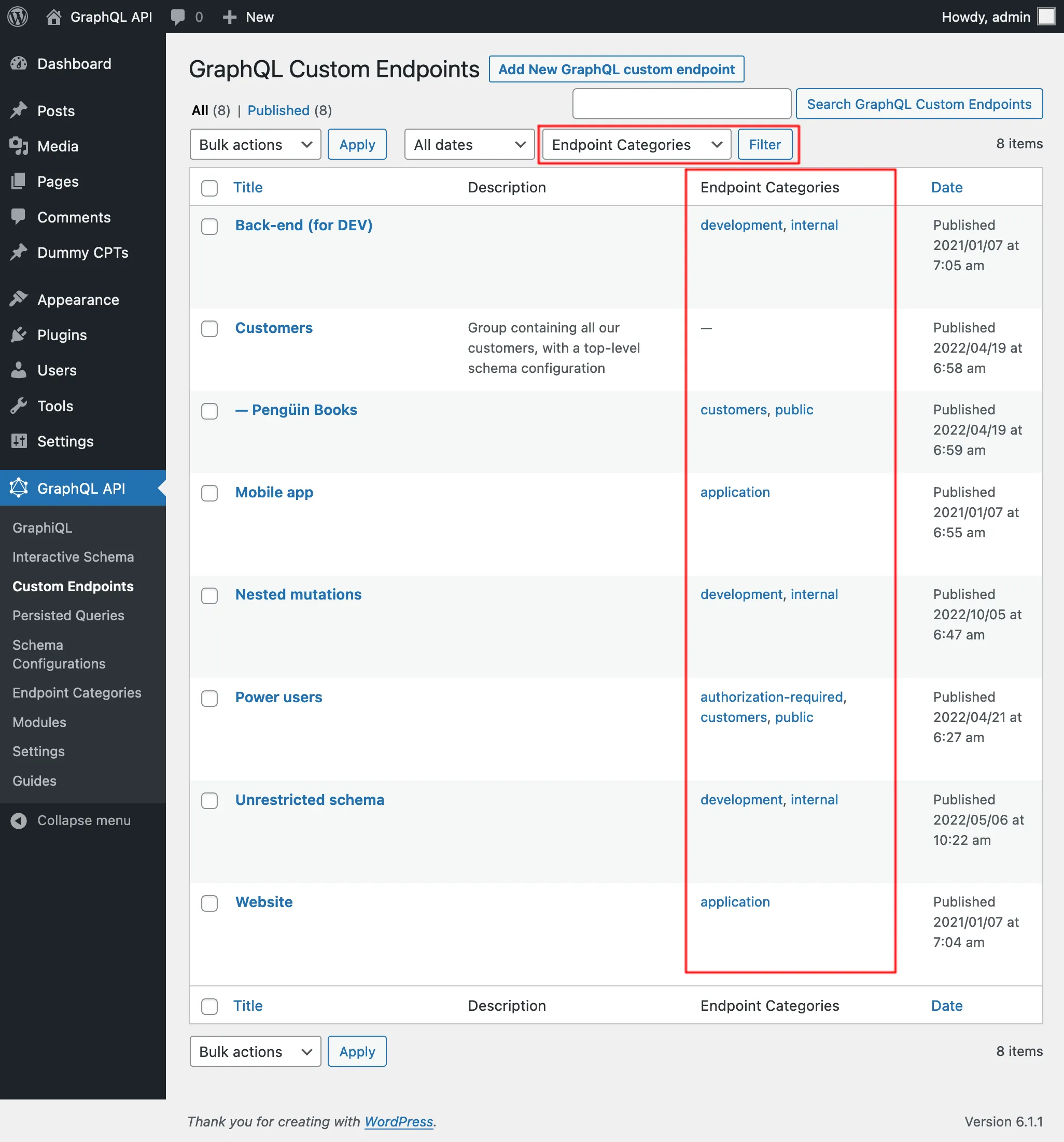 Kategorileriyle birlikte Custom Endpoint'lerin listesi Kategorileriyle birlikte Custom Endpoint'lerin listesi
