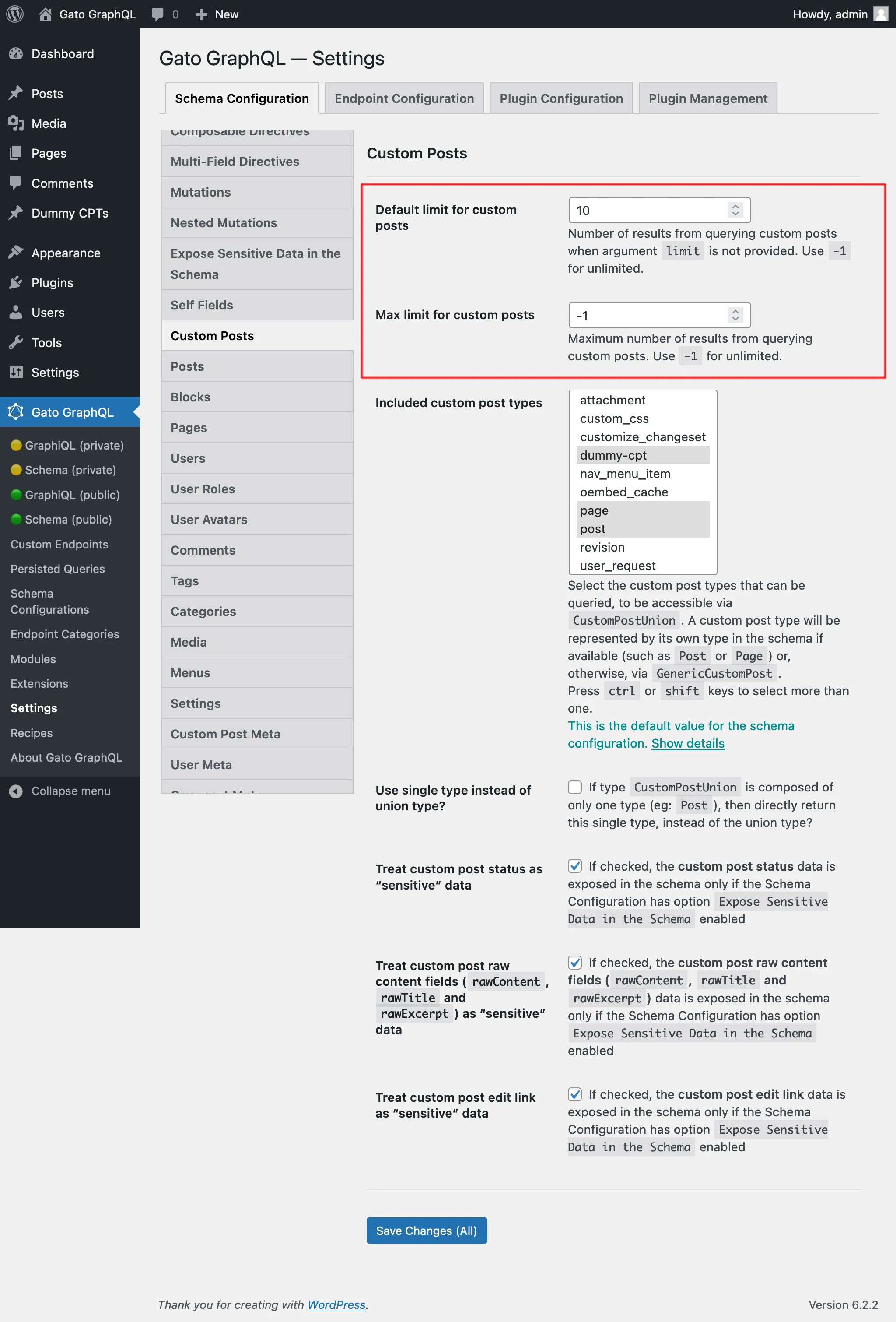 Custom Post limitleri için ayarlar