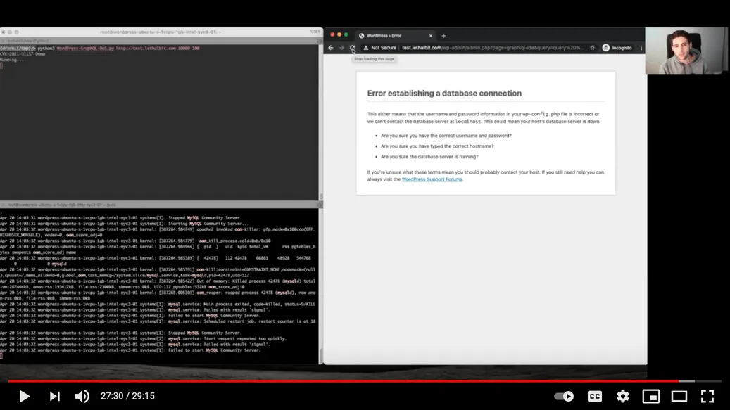 GraphQL endpoint'ine saldırarak WordPress sitesini çökertmek. Dolev Farhi'nin konuşmasından ekran görüntüsü GraphQL endpoint'ine saldırarak WordPress sitesini çökertmek. Dolev Farhi'nin konuşmasından ekran görüntüsü