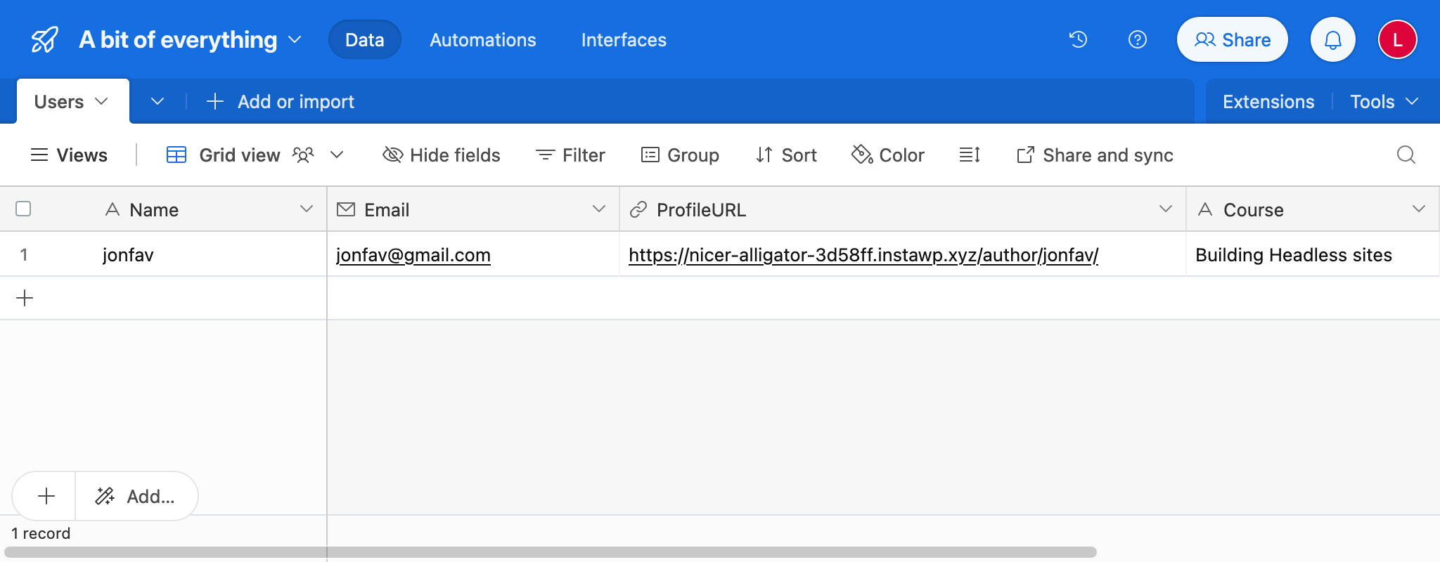 AirTable'daki LMS verileriyle dolu tablo