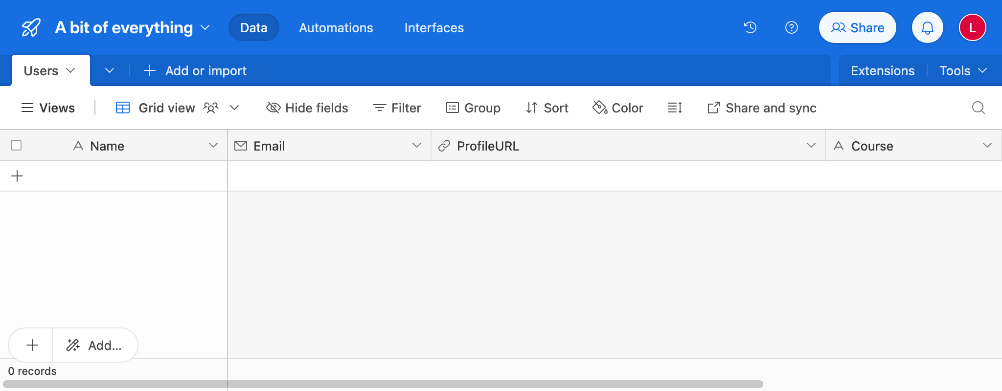 AirTable'daki LMS verileriyle dolu tablo