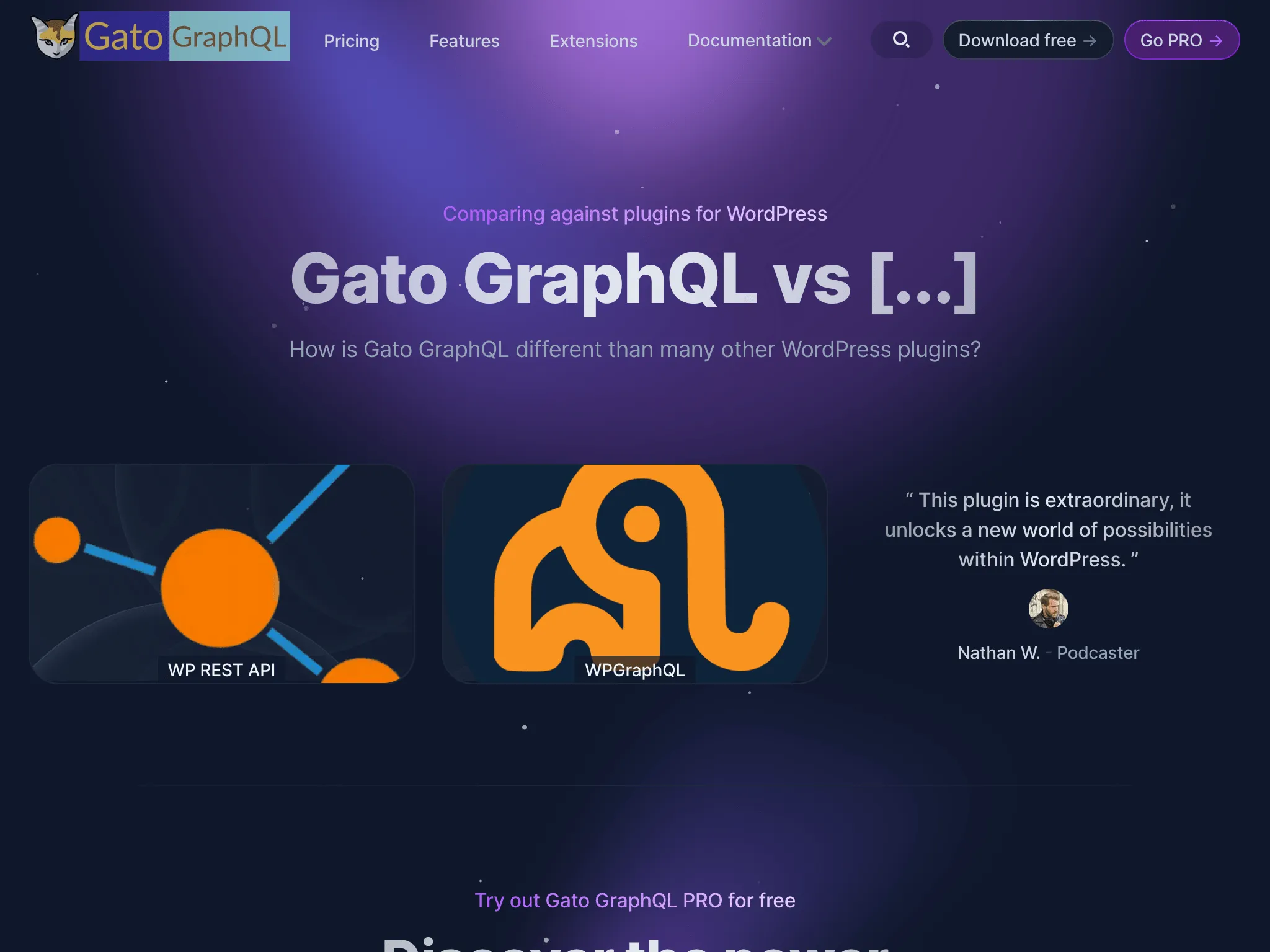 Gato GraphQL'in yeni web sitesindeki Karşılaştırmalar sayfası