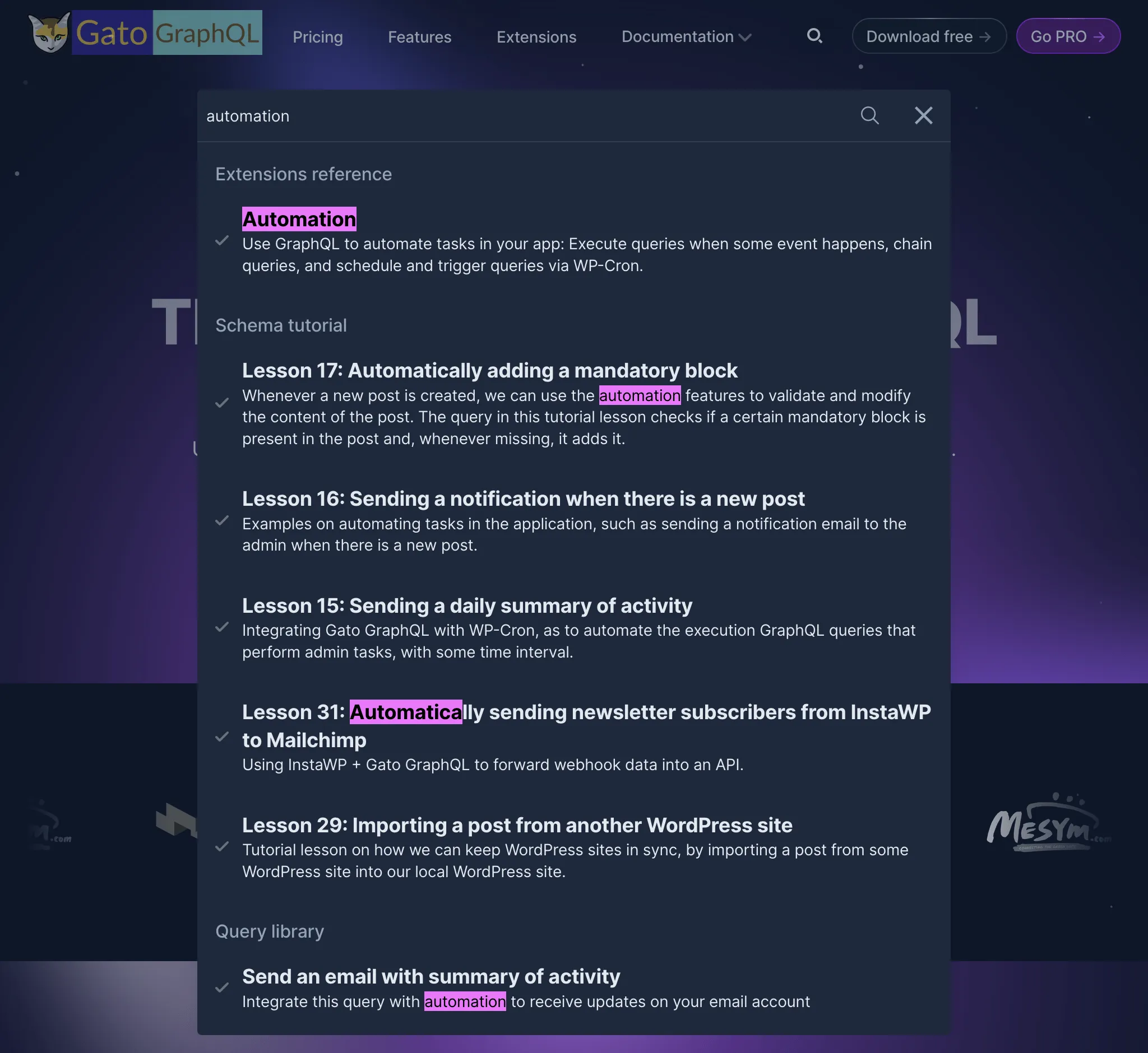 Gato GraphQL'in yeni web sitesindeki arama