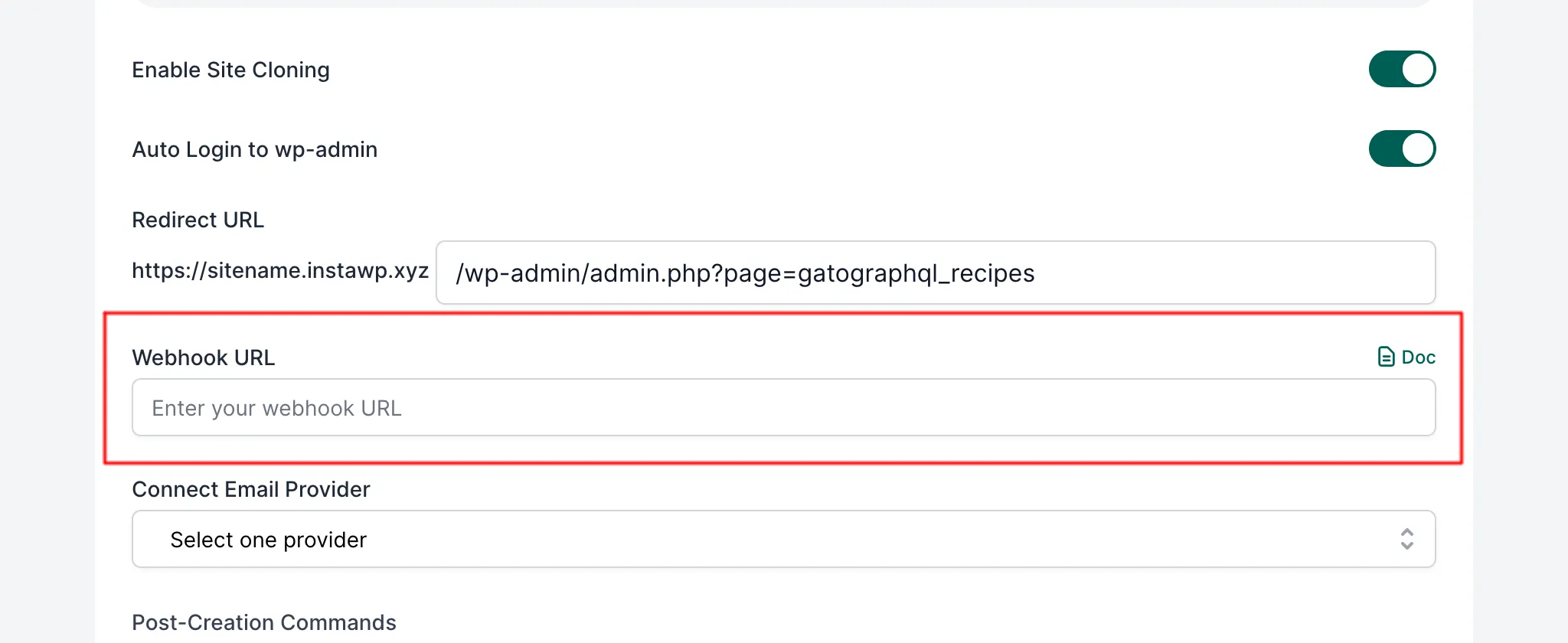 InstaWP şablonları için gelişmiş seçenekler