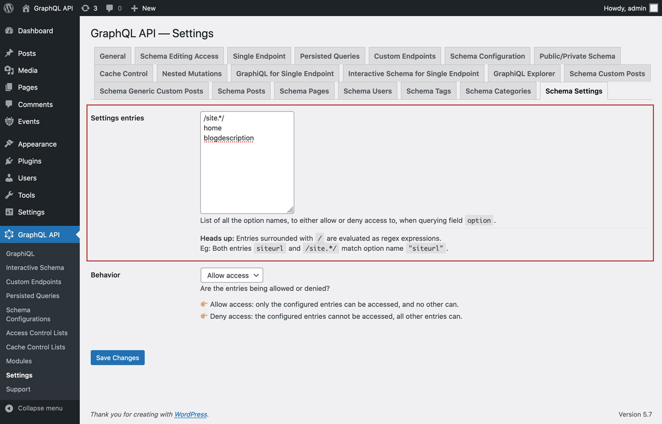 Settings için girişlerin tanımlanması Settings için girişlerin tanımlanması