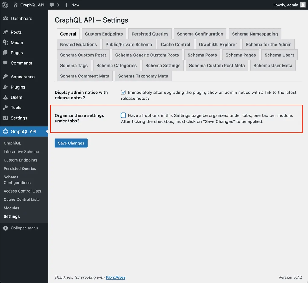 Settings'de sekmeleri etkinleştirme/devre dışı bırakma onay kutusu Settings'de sekmeleri etkinleştirme/devre dışı bırakma onay kutusu